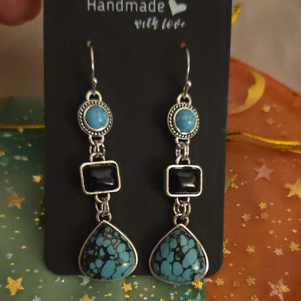New Fashionable Retro Women's Pendant Silver and Turquoise Earrings